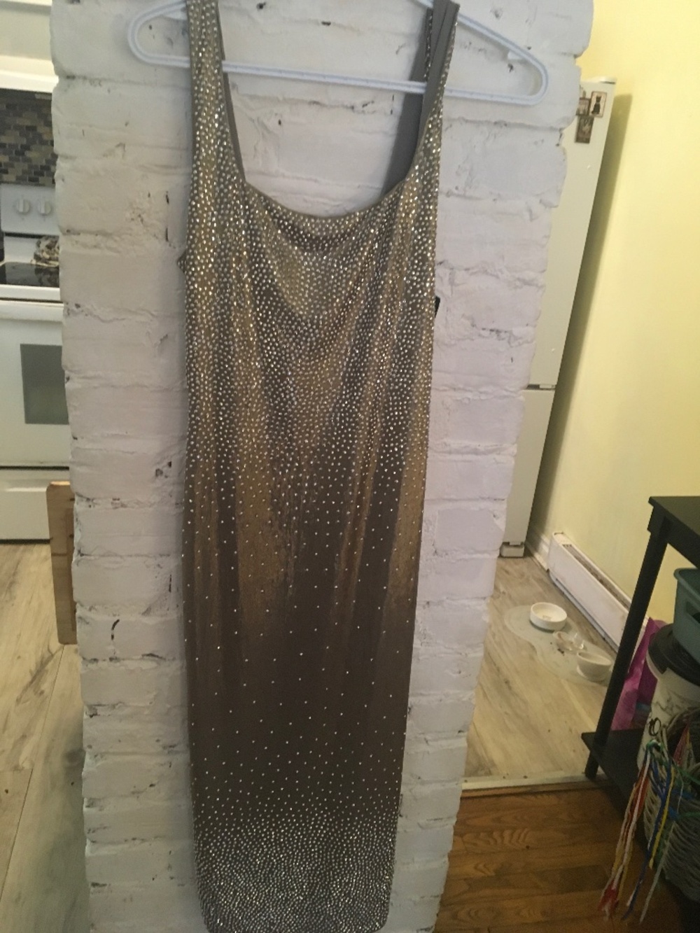 Bling it!  Long dress slightly  body smooth hugging gold khaki beaded dress..